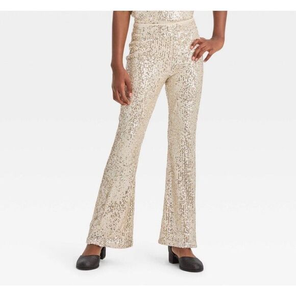 Girls Sequin Flare Pants Art Class Silver L Large 10 12 Gold Sparkle Event - Picture 1 of 2